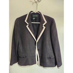 LAUREN RALPH LAUREN Linen Preppy Academia Black and White Trim Blazer Jacket 12
